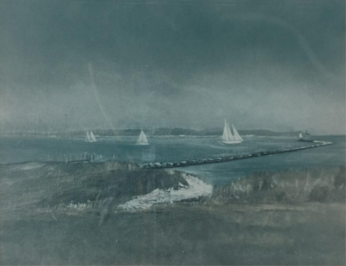 SEN. TED KENNEDY CHRISTMAS GIFT TO ROSALIE HELM: Boating off Jetty color photograph of an original oil painting by Ted Kennedy, inscribed "To Rosalie- Merry Christmas Ted Kennedy 1966" on mat. 12 x 14 1/4 inches (overall including frame)Provenance: 