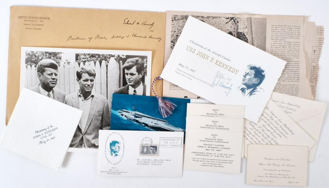 CHRISTENING OF THE USS JOHN F. KENNEDY SIGNED: Christening of the Aircraft Carrier USS John F. Kennedy pamphlet saddle-bound with a patriotic tassel and signed by Robert and Ted Kennedy", Invitation, admission tickets and reception to the Christen