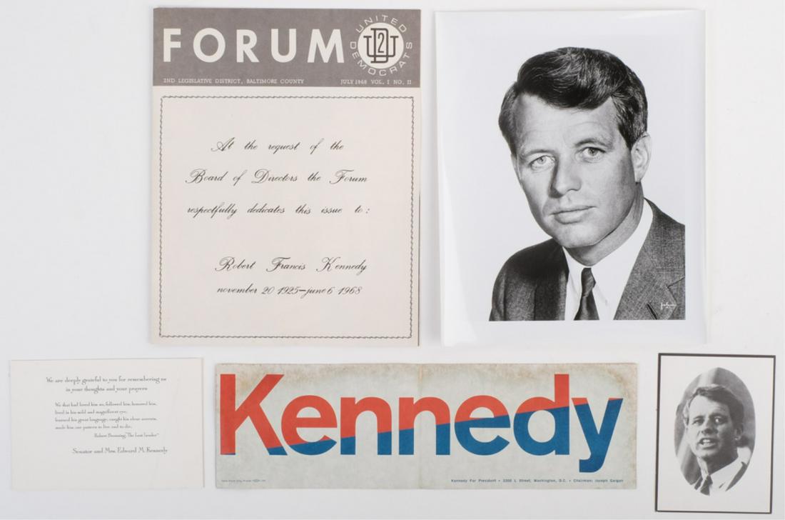 ROBERT F. KENNEDY MEMENTO MORI: Forum July 1968 Vol 1 No. 2. United Democrats featuring Robert Kennedy. "Kennedy" (for President) bumper sticker, Printed thank you note card from Senator and Mrs. Edward M. Kennedy, Senator Robert Fr