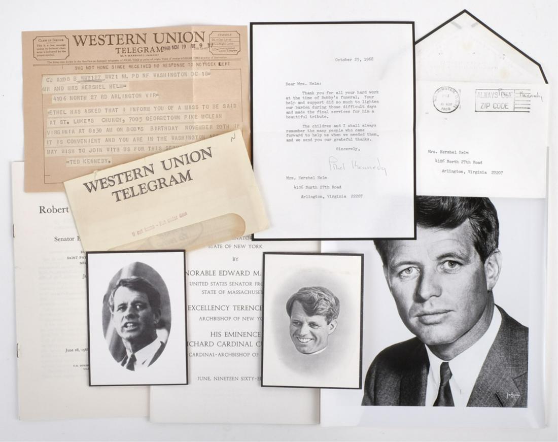 ROBERT F. KENNEDY MEMENTO MORI: Western Union Telegram to Mr. and Mrs. Helm from Ted Kennedy informing them of a planned Mass on the anniversary of Bobby's birthday, typewritten note on mourning stationary thanking Mrs. Helm (Rosali