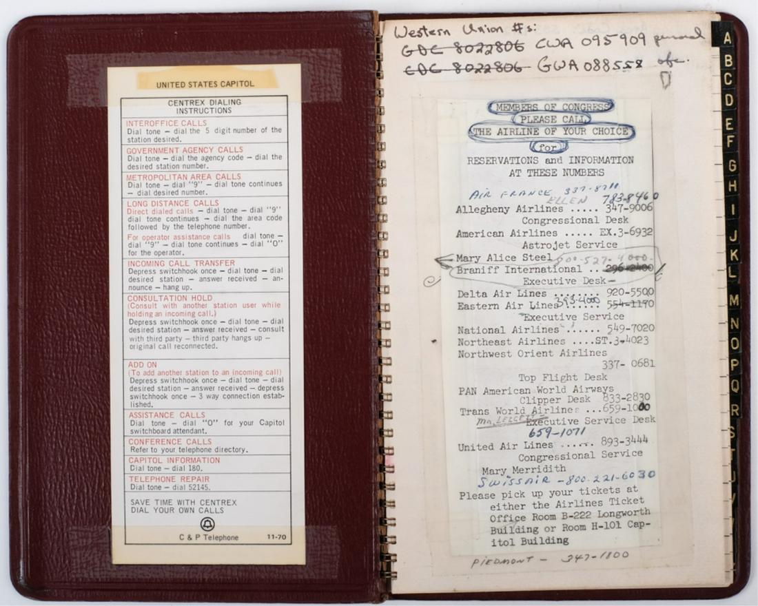SENATOR EDWARD M. KENNEDY'S TEL-ADDRESS BOOKLET: Dating from the late 1960's into the 1970's for use in the Senator's office. 8 x 5 1/2 inches.Provenance: Rosalie Helm, assistant and friend to Senator Ted Kennedy and his wife Joan during the 1960's 