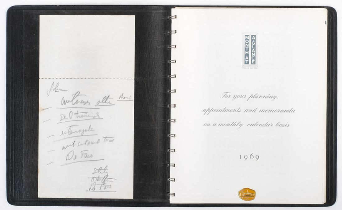 1969 TED & JOAN KENNEDY & FAMILY SOCIAL CALENDAR: Follow the Kennedys day by day in their travels and commitments, both politically, socially and mundane. Including cancellations after the tragic day of July 19th, 1969. 9 x 7 1/4 inchesProvenance: Ro