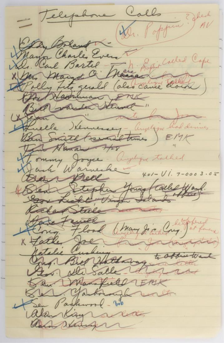 CALLS RECIEVED POST CHAPPAQUIDDICK TRAGETY: July 1969. Insightful document; mostly from those offering help in the wake Chappaquiddick . Written by member's of Kennedy's staff.Provenance: Rosalie Helm, assistant and friend to Senator Ted Kenned