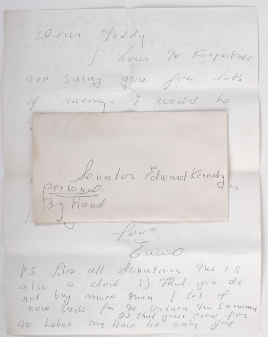 NOTE FROM EUNICE TO TED REGARDING THE KOPECHNES: In a handwritten note Eunice Kennedy Shriver offers Ted $25,000 toward the settlement of the lawsuit with the Kopechnes. It ends with Eunice attempting to raise her brother's spirits with light humor.