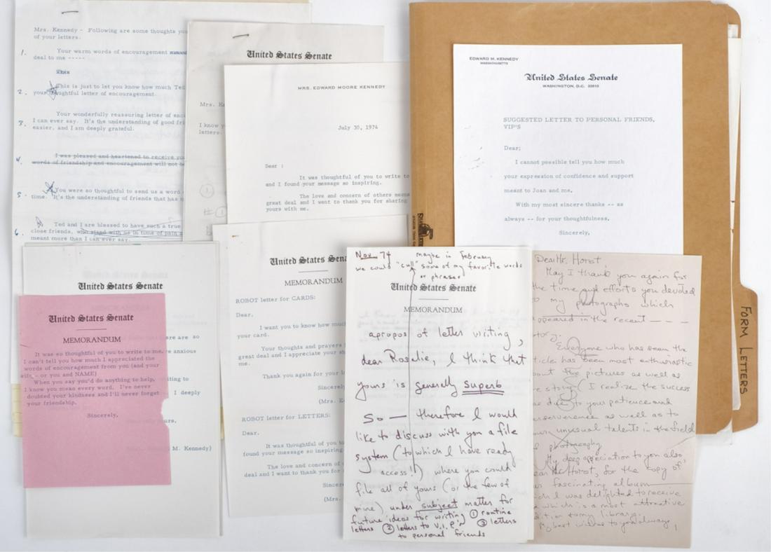 SENATOR EDWARD KENNEDY NOTES AFTER ACCIDENT etc: 1960's including July of 1969. Typewritten examples which were to be sent out after the Chappaquiddick accident by both Ted and Joan. Other working copies in Ted's hand, Each on Edward M Kennedy US Se