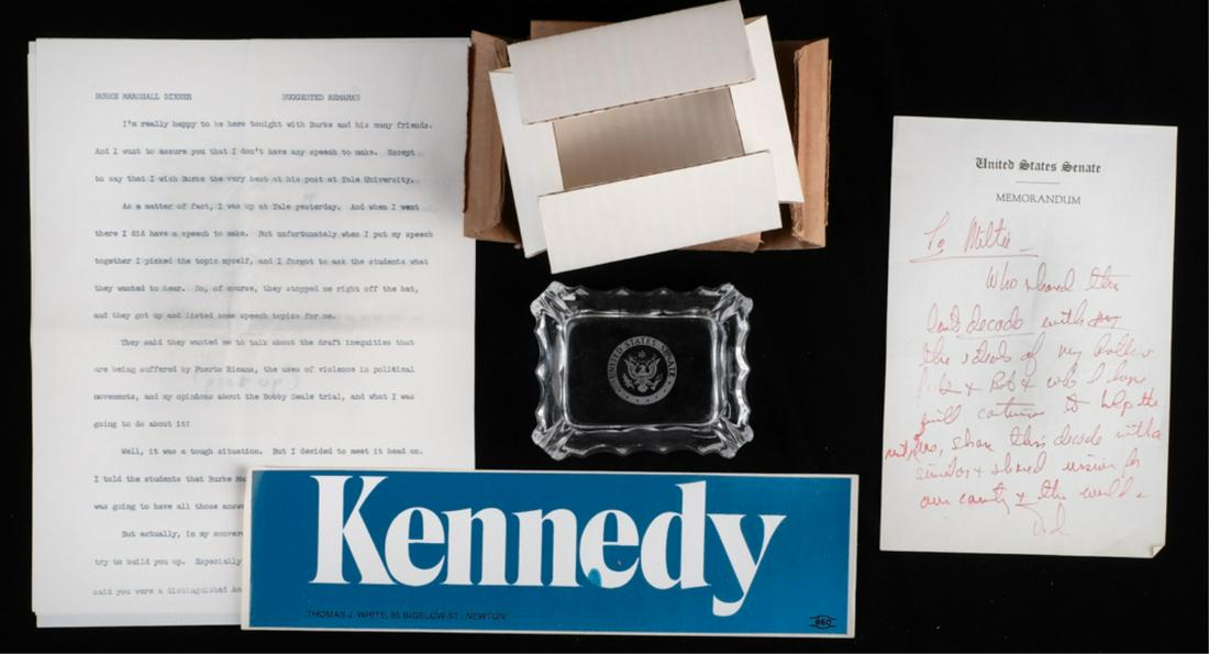 1970 SPEECH FOR TED KENNEDY BURKE MARSHALL DINNER: (4) Page typewritten remarks wishing Burke Marshall good luck with is new position at Yale. Together with a hand written note to Milton Gwirtzman who had been a speech writer and advisor to JFK, RFK a
