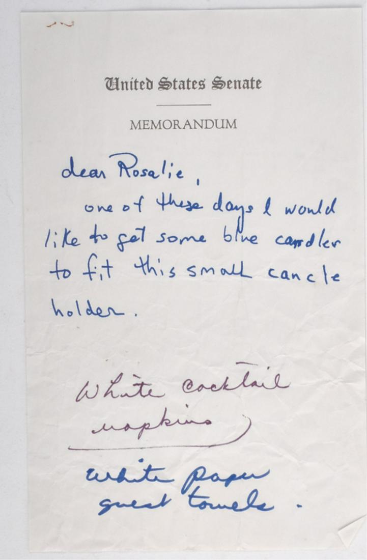 JACKIE & JOAN KENNEDY INTERIOR DECORATING NOTES: Lengthy (2) Page hand written note on 12 inch yellow lined paper from sister-in-law Jackie to Joan regarding interior decorating tips, a magazine clipping with an annotation by Jackie, Mini-tour of Th