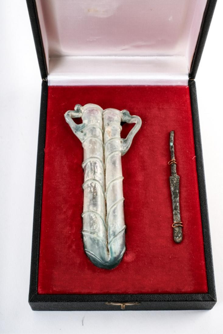 PRIME MINISTER GOLDA MEIR GIFT TO SENATOR KENNEDY: (2) Objects of antiquity set in a velvet lined case. 5 and 4 inches. Presented to Senator Edward M Kennedy and Joan when they visited Jerusalem on September 15, 1971. *Note: A note describing this was