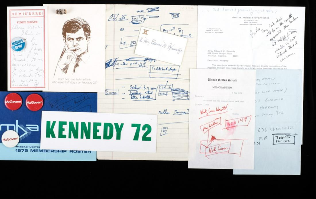 1972 MCGOVERN PRESIDENTIAL RUN: Ted Kennedy was McGovern's first choice for a running mate but Kennedy declined twice. McGovern did pick Ted's brother-in-law Shriver. Included in this lot are (4) McGovern buttons, "Shriver" gold-fil