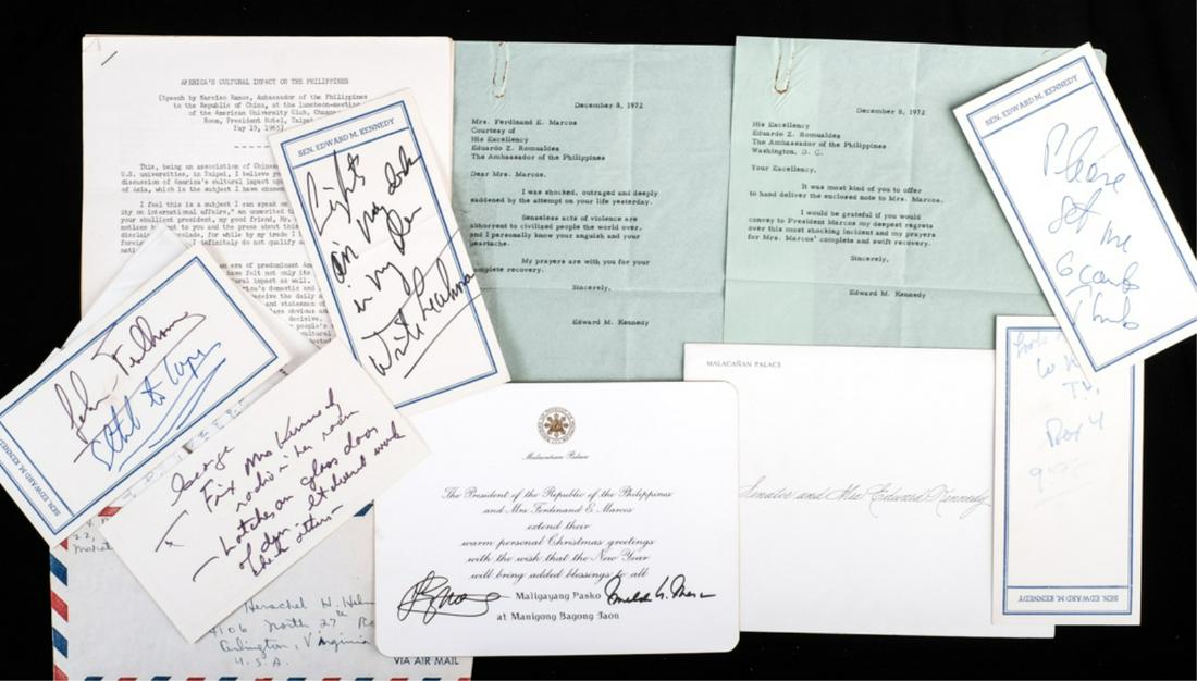 SENATOR EDWARD M KENNEDY and the PHILIPPINES: (1) Carbon copies of letters written by Senator Kennedy to Mrs. Ferdinand Marcos expressing how shocked he was to have heard of the attempt on her life. And a second thanking the Ambassador for hand d