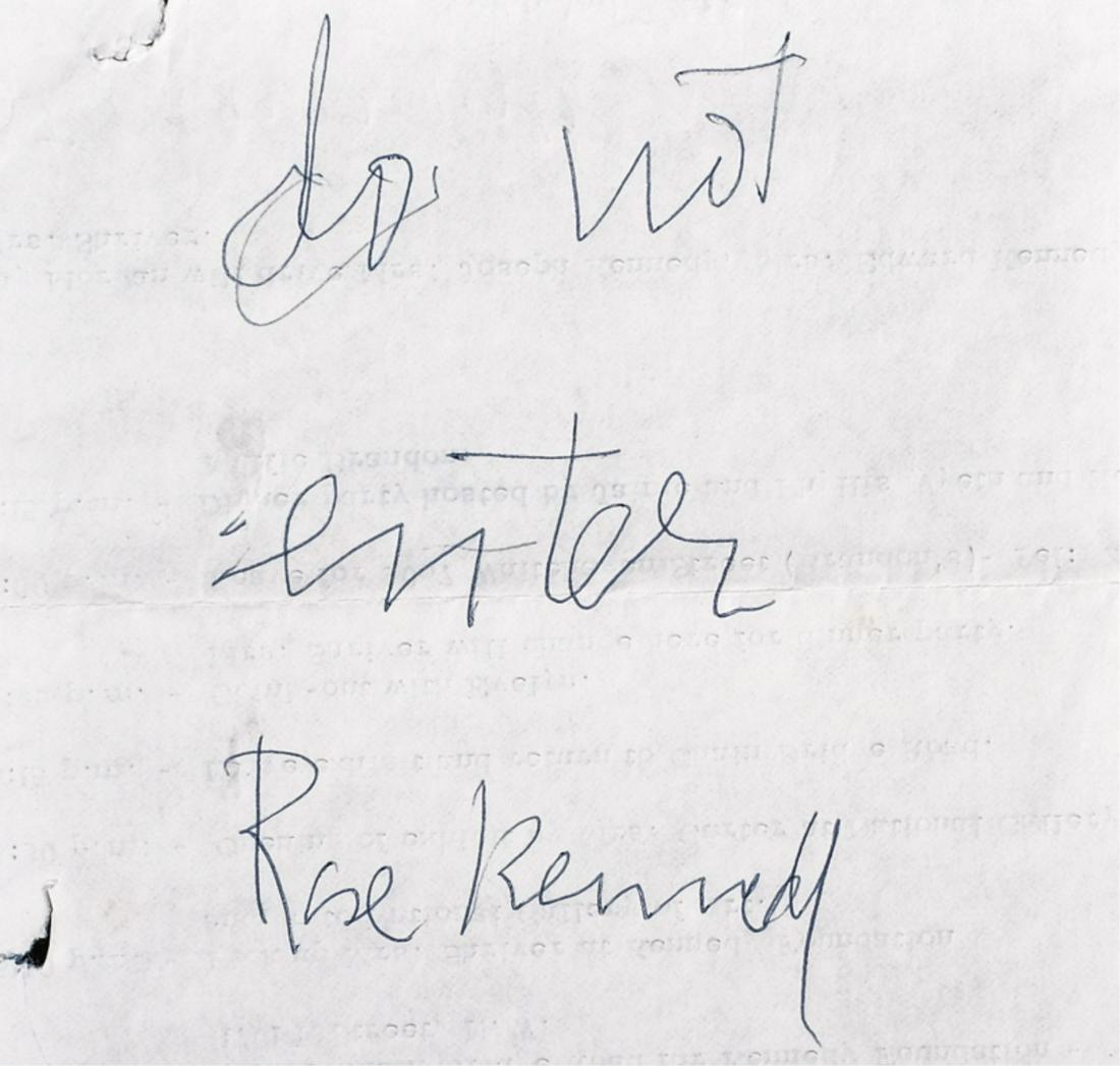 DO NOT ENTER ROSE KENNEDY HAND WRITTEN DEMAND: Note to Senator Edward Kennedy from Andrew Wyeth with regrets to attend the kind invitation for dinner on May 27th. Together with a handwritten note by Rose Kennedy "do not enter Rose Kennedy" for her