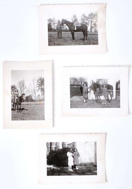 JACKIE BOUVIER at MERRYWOOD with FAMILY 1942-1943: (4) Photographs of Jackie with horses and possibly with Tommy Auchincloss and Nancy. Unpublished black and white photographs 3 x 4 1/4 inches (each) Provenance: Hammersmith Farm, Newport, Rhode Island