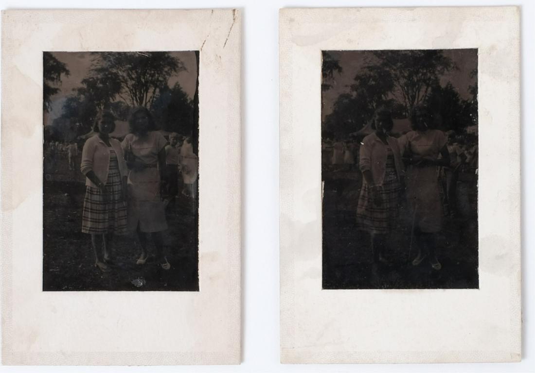 JACKIE BOUVIER & NANCY TUCKERMAN at MISS PORTERS: Standing beside one another at the exclusive preparatory school smoking and not smoking. Black and white unpublished tintypes. 3 1/2 x 2/ 3/4 inches (each not including mat)Provenance: Hammersmith Far