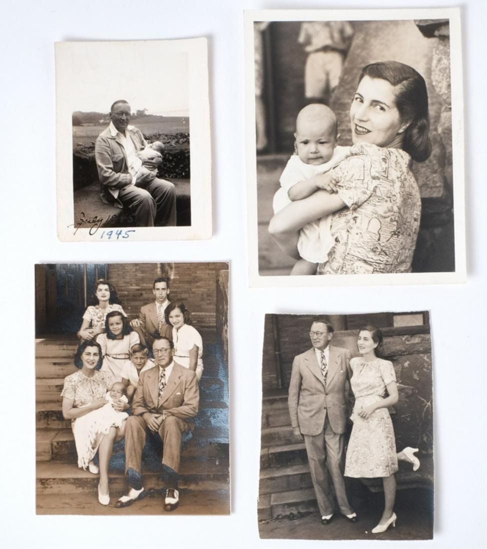 AUCHINCLOSS / BOUVIER FAMILY after BIRTH of JANET: Photographs include: Hugh and Janet 1945 3 1/2 x 2 3/4 inches, Janet and Janet by Lloyd Pauley 5 x 4 inches, family group photo including Jackie at Hammersmith farm 3 1/2 x 4 1/2 inches and Hugh and J