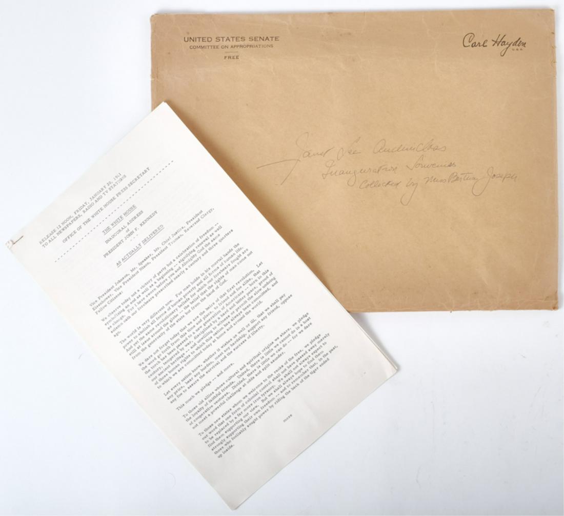 COPY of KENNEDY'S INAUGURAL ADDRESS & ENVELOPE: Inaugural envelope franked by Carl Hayden with return address of the United States Senate Committee on Appropriations and addressed to Janet Lee Auchincloss "Inauguration Souvenirs Collected by Miss B