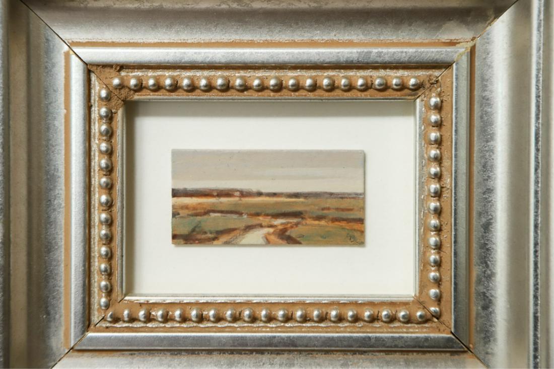 George Buck (20th / 21st c) Maine: "Rachel Carson State Park" acrylic 1 x 2 inches. signed verso. Framed. 5 1/4 x 6 1/4 inches
