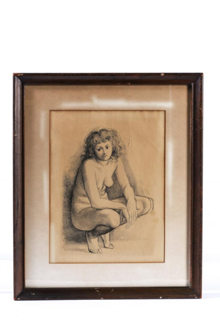 Attributed to SUMNER WINEBAUM "Crouching Nude": Pen and ink on paper 18 1/2 x 15 1/2 inches (overall including frame) unsigned.