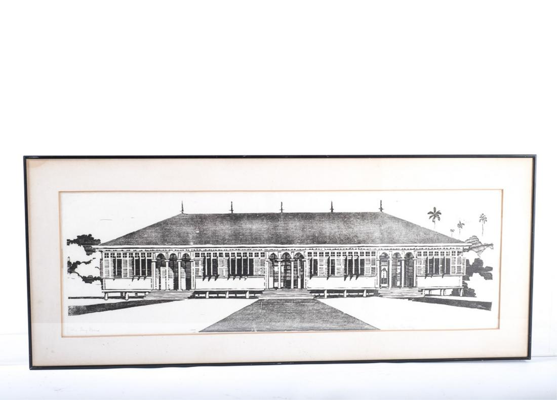 EMILIO SANCHEZ (1921-1999): "The Long House" woodblock print 18 x 44 inches (overall including frame)