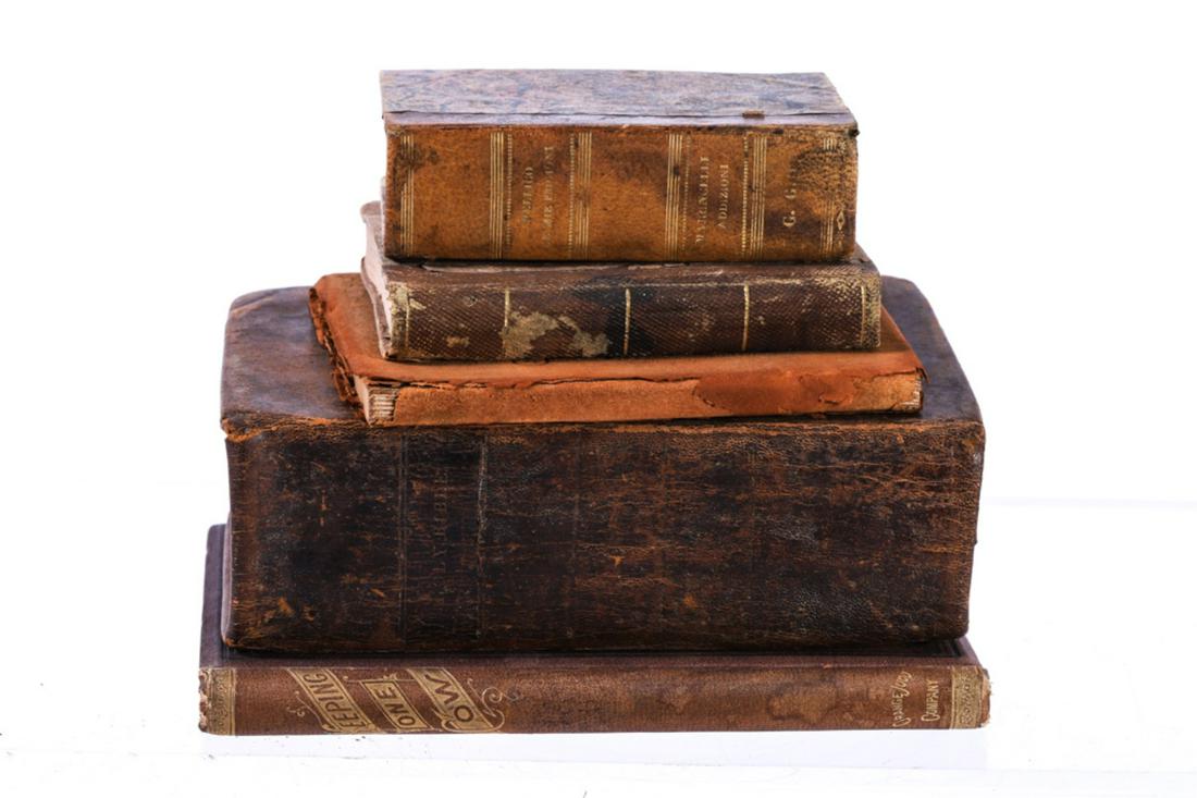 LOT of (5) ANTIQUE BOOKS: Including: Bible 1822 Printed in Albany by Hosford, Night Thoughts by Young 1843 by Hunt and Son, Rubaiyat, Mie Prigioni 1832 Italy and Keeping One Cow New York 1882, Orange Judd Company.