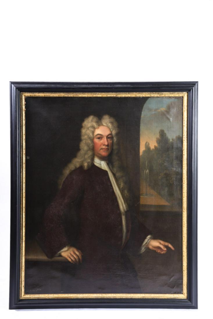 (18th c) BRITISH SCHOOL PORTRAIT OF A GENTLEMAN: Overlooking his estate with garden fountain. oil on canvas 50 1/2 x 40 inches. unsigned. appropriate style custom framed 59 x 48 inches (overall)