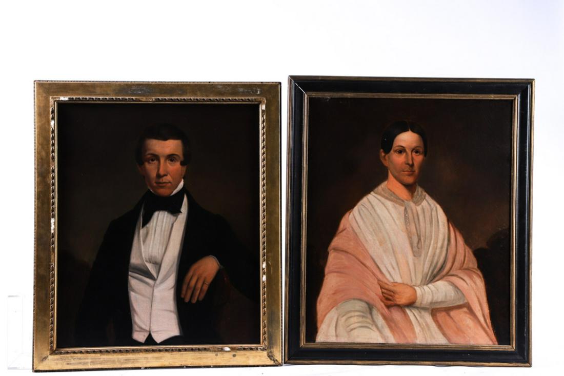 MR & MRS JOHN A. MILLER by HERRING dated 1845: John A. Miller (1810-1845) married Jane Spires Peddicord (1811-1887) in 1833. Signed verso (presumably by the conservator) Herring. oil on canvas laid to panel/ lined 30 x 25 inches. framed. 35 x 30 i