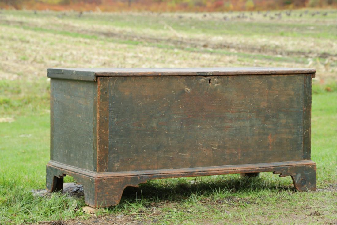 PAINTED (6) BOARD CHEST with BRACKET FEET: Green paint and carved apron. With till.