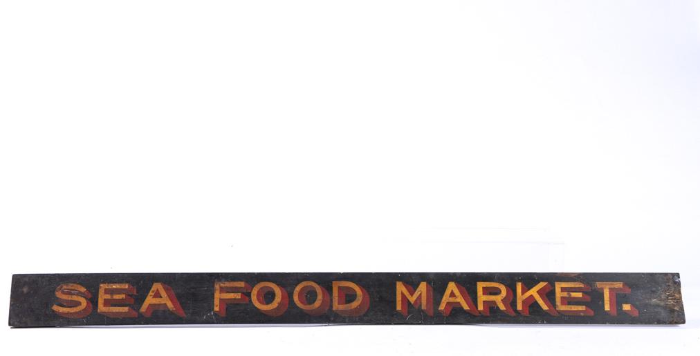 (19th c) SEA FOOD MARKET TRADE SIGN: Gilt and painted wood. 5 1/2 x 73 inches. Note: Consigned by the descendant of the sea food market's proprietors which was located in Revere, MA.