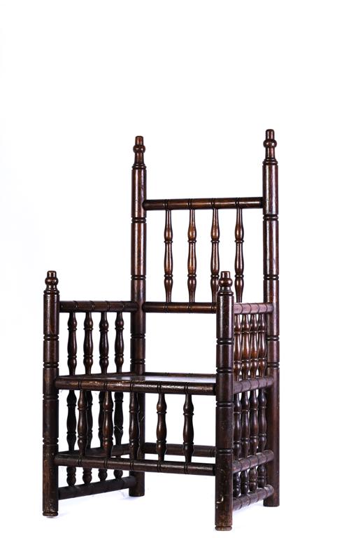 OAK CARVER-STYLE CHAIR: Turned joined frame with paneled seat. 43 1/2 x 23 x 18 1/2 inches