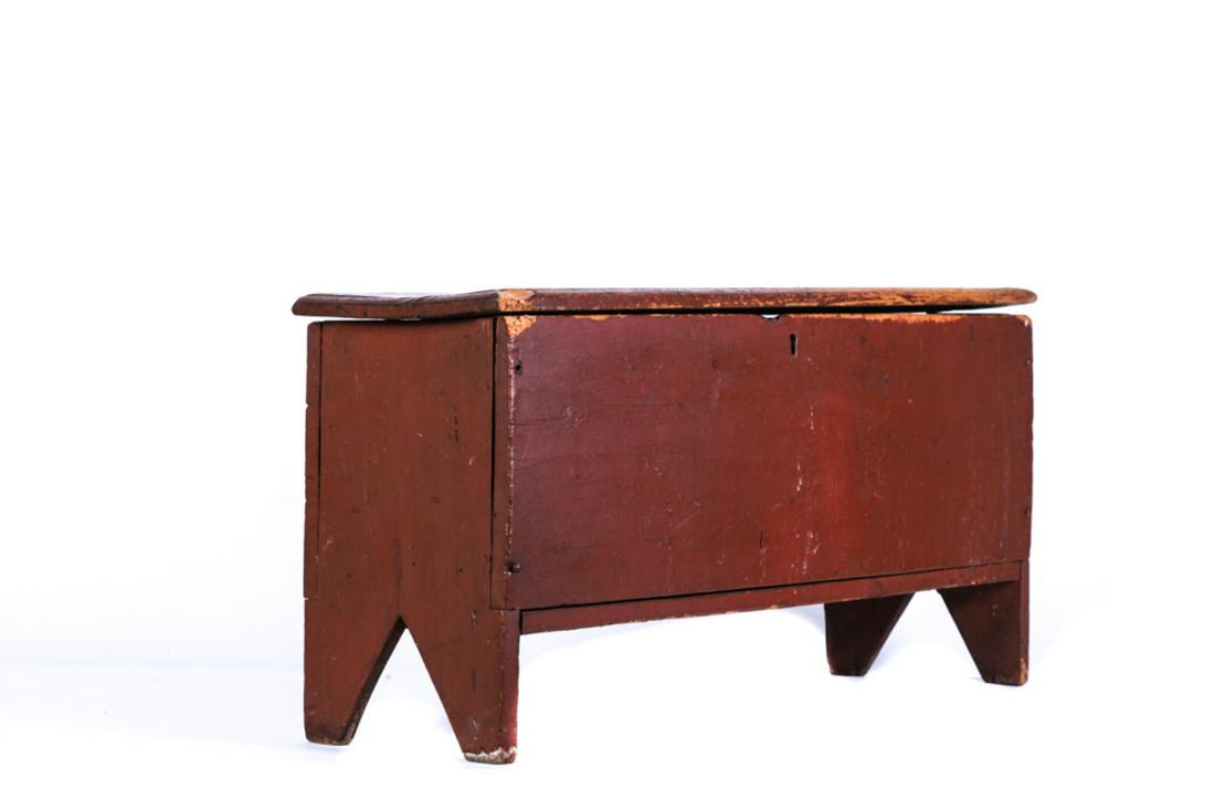 (6) BOARD CHEST with BOOT JACK ENDS in RED PAINT: Molded lid. 18 x 36 x 11 inches