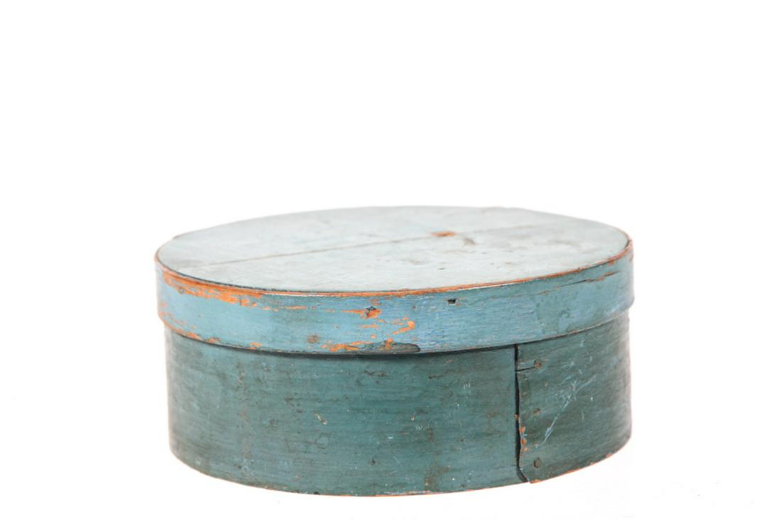ANTIQUE PANTRY BOX IN ROBIN'S EGG BLUE PAINT: 2 1/2 x 6 1/2 inches.
