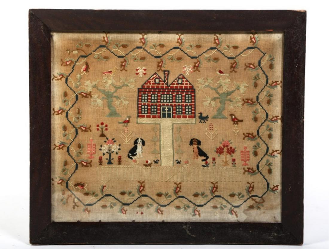 (19th c) NEEDLEPOINT SCHOOLGIRL SAMPLER: Depicting brick schoolhouse, dogs, trees, frogs, flowers and framed by a flower vine. unsigned. note verso "Gladys Smith" 21 x 25 inches (including frame)