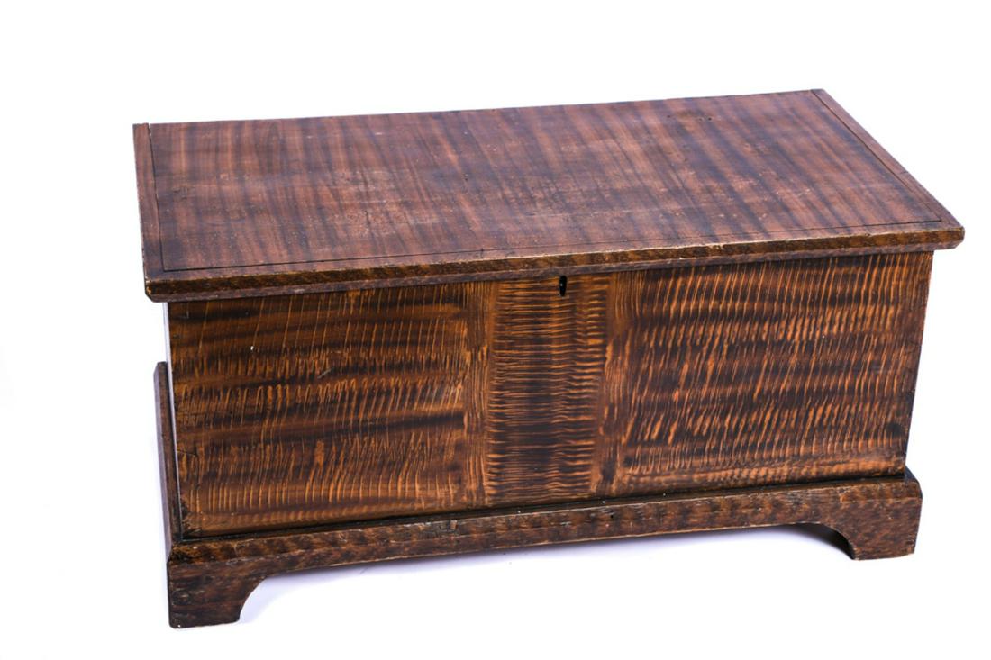 PENNSYLVANNIA FAUX TIGER MAPLE PAINTED CHEST: Chamfered lid and base with bracket feet. Lid opens to a till. 18 x 36 x 18 inches.