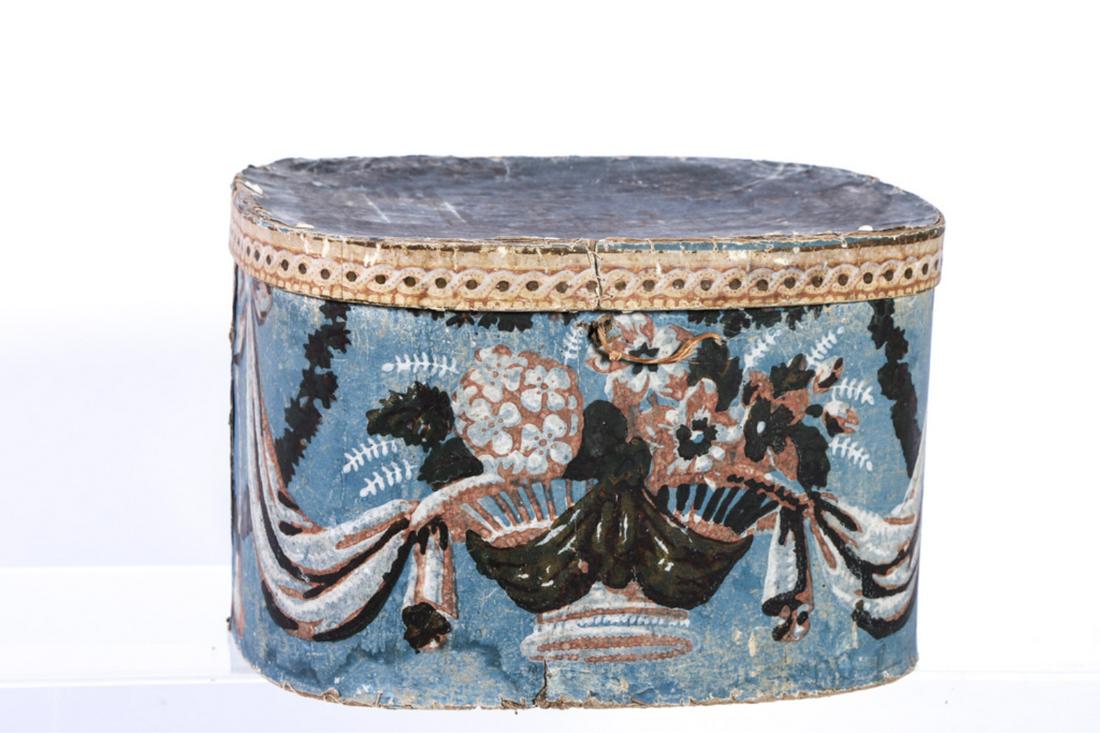 LARGE (4) COLOR WALLPAPER HAT BOX: Swags and bouquet perfectly centered on all sides. 9 1/2 x 14 1/2 x 11 inches.