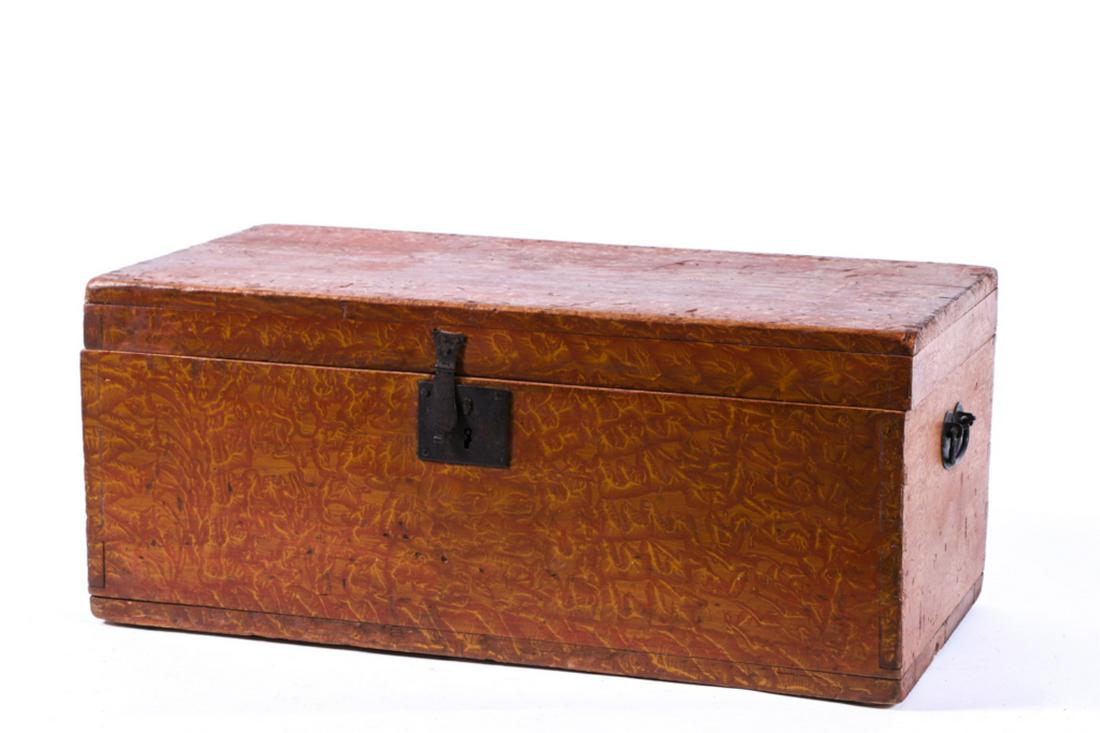 STATE OF MAINE SPONGE DECORATED CHEST: Iron lock and handles, dovetail construction. 11 1/2 x 28 x 14 inches.