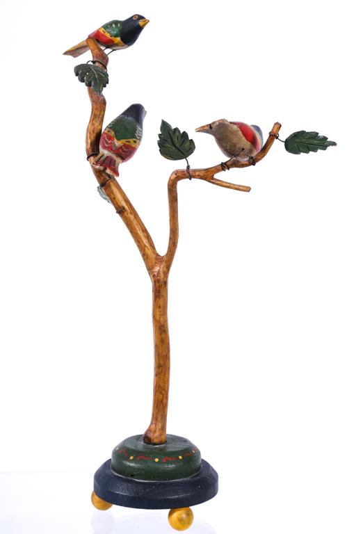 FOLK ART BIRD TREE from the DELAWARE RIVER VALLEY: Carved and painted wood. 16 inches
