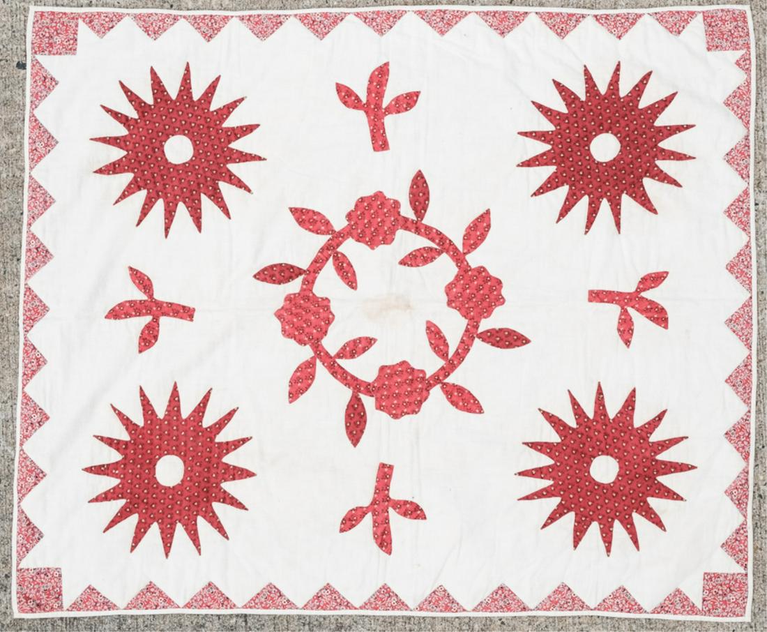 PENNSYLVANIA CRIB QUILT circa 1860: "Wreath and Compass" applique 43 x 35 inches. (8) Stitches per inch quilting outlines executed in beautiful period fabrics and traditional American motifs. (prov. Trish Herr)