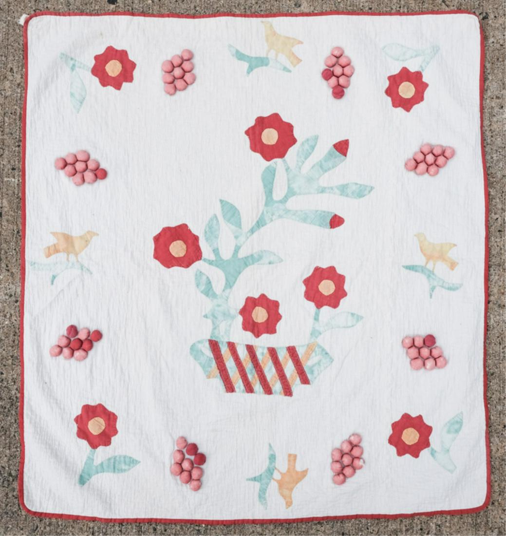 NEW HAMPSHIRE CRIB QUILT circa 1850: "Vase of Roses, Birds and Stuffed Cherries" 20 inch center applique. Rare and whimsical piece of American Folk Art.