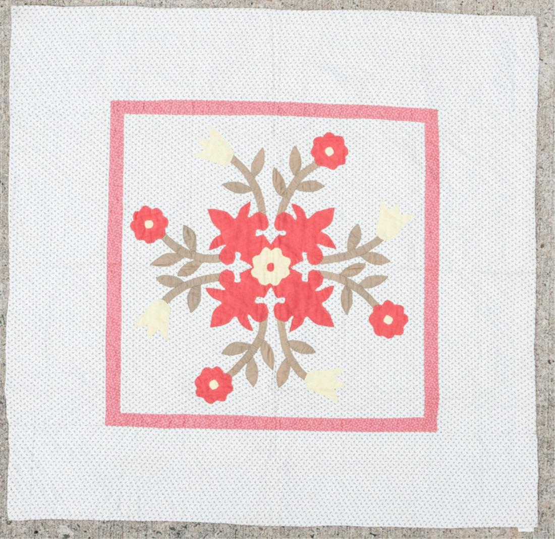 "WHIG ROSE & TULIP" LANCASTER CO CRIB QUILT: Circa 1900. Appealing applique motif of tulips and roses. 40 x 42 inches