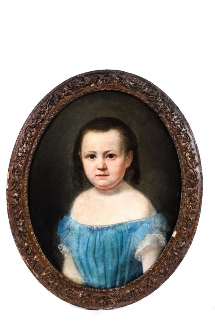 AMERICAN SCHOOL (19thc) "YOUNG GIRL IN BLUE DRESS": Oil on canvas 20 x 16 inches. unsigned. framed 24 x 20 inches (overall)