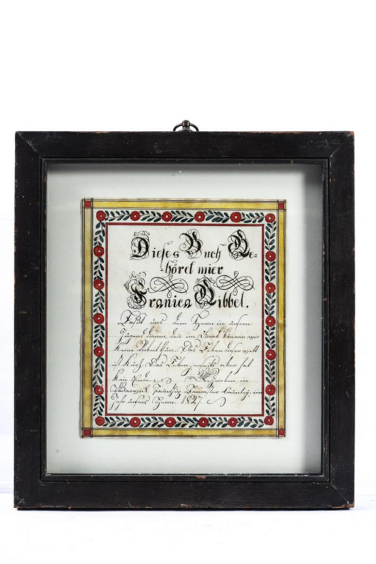 1827 BOOKPLATE FRAKTUR: "Franica Gibbel" watercolor and ink on paper 7 1/2 x 6 1/2 inches. framed. 11 1/2 x 10 1/2 inches (overall)