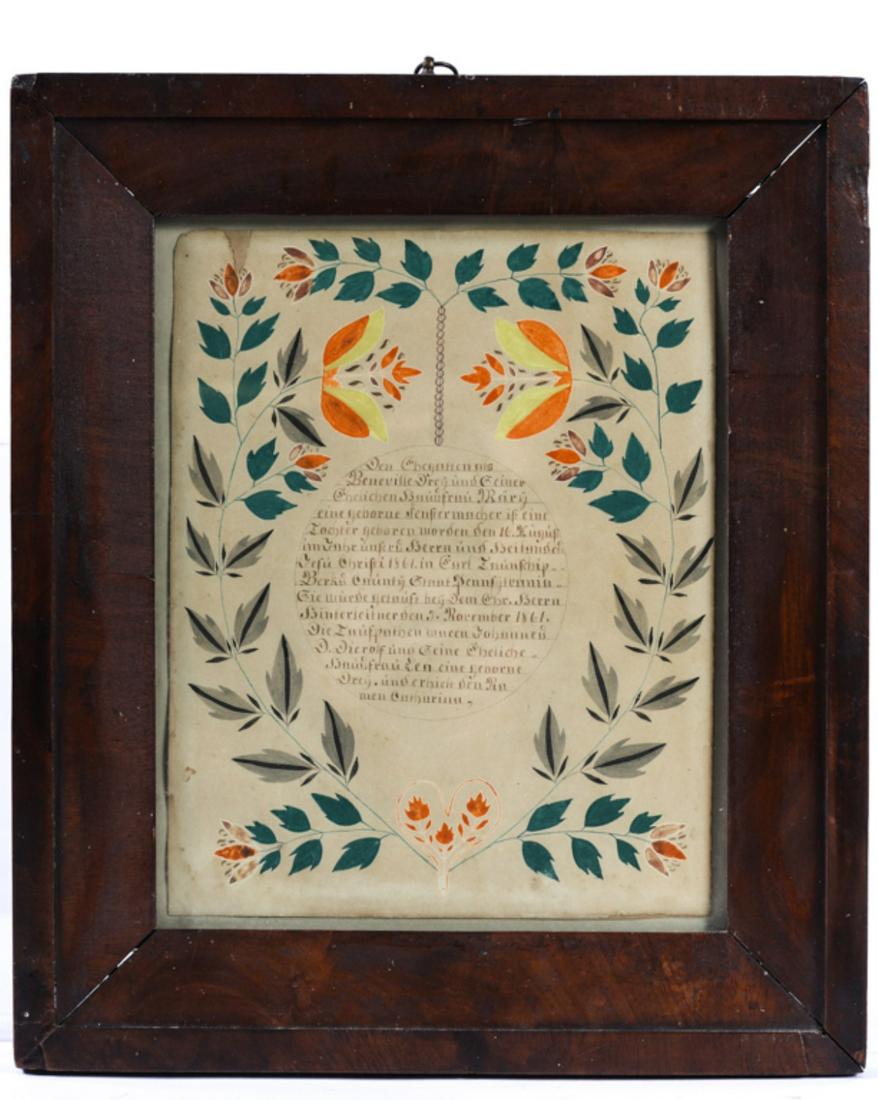FRAKUR EARL TOWNSHIP of BERKS COUNTY 1861: For the birth of Catharina, daughter of Beneville Drey and Mary Fenstermacher. Ink record framed with conforming flowers and leaves. watercolor and ink. 10 x 7 3/4 inches. framed. 14 1/4 x 12 1/2 inch