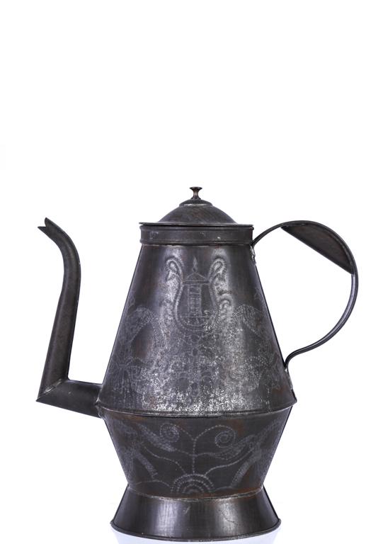 PUNCHED TIN COFFEE POT with BRASS FINIAL: Strap handle and elongated spout. Hand stippled with flowers and peacocks on (2) sides. 11 1/2 inches.
