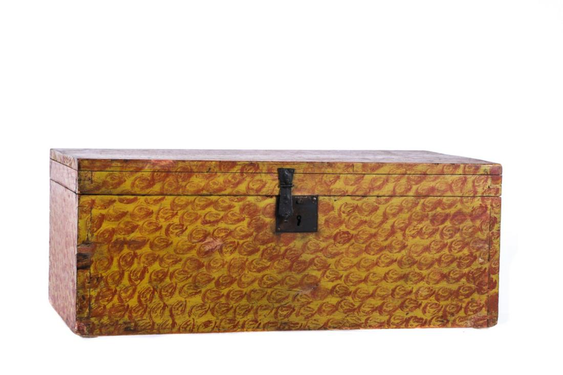 MAINE PUTTY-PAINT-DECORATED BOX: Orange and mustard yellow. Bold dovetails. 9 1/2 x 24 x 12 inches.