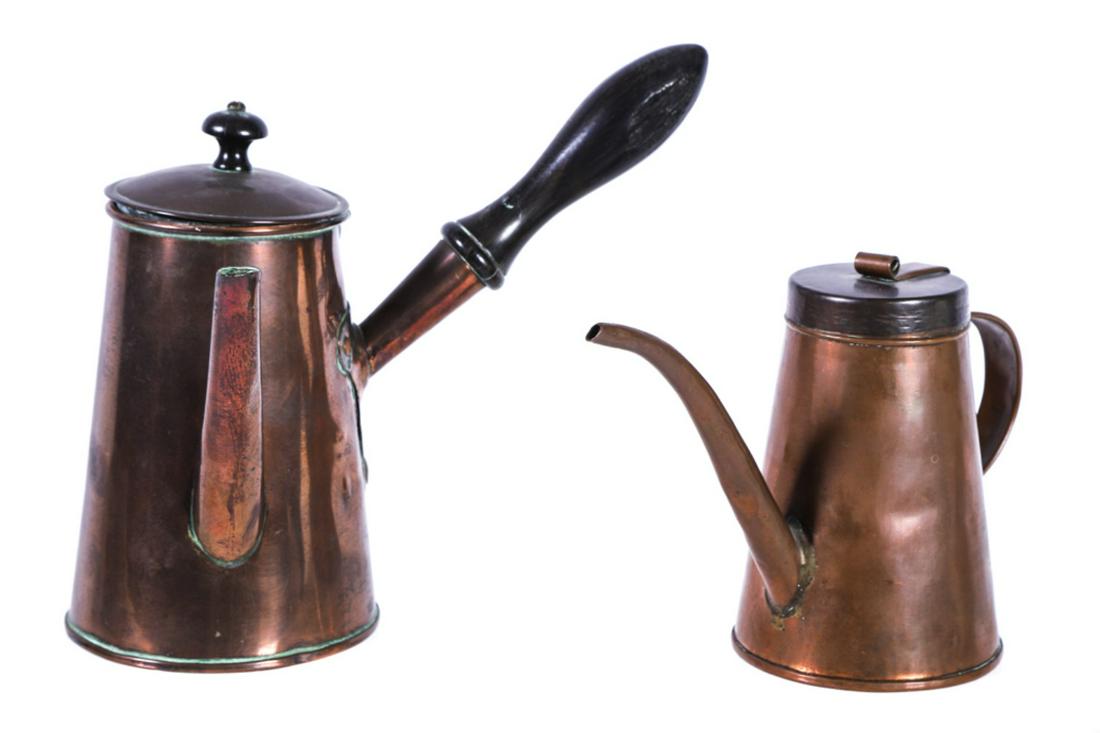 COPPER COFFEE POT with OFFSET HANDLE & OIL CAN: Turned black walnut and copper strap handles. Each with hinged lids. 9 and 6 1/2 inches. unmarked