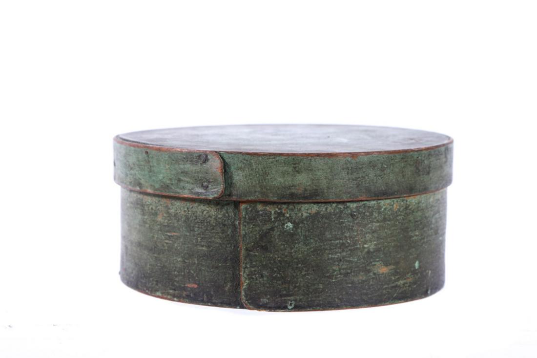 PANTRY BOX in GREEN PAINT: Lap seemed and secured with iron brads. 3 x 6 3/4 inches