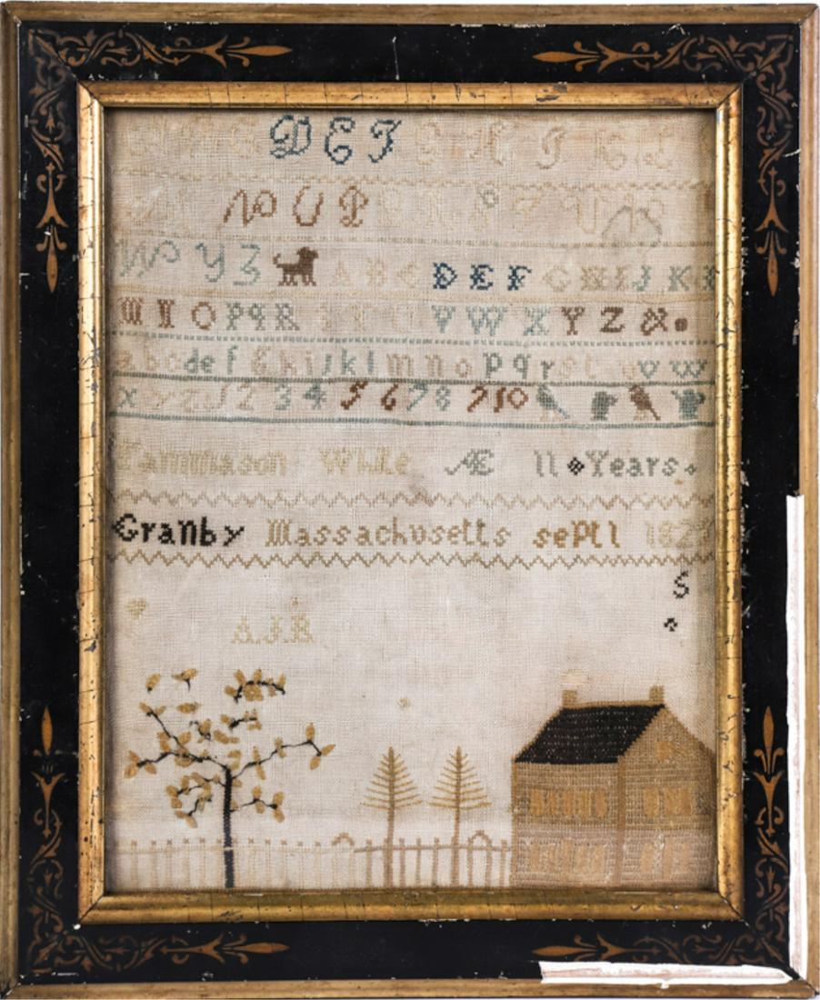 TAMMASON WHITE 1825 GRANBY MASS SAMPLER: Signed and dated alpha-numeric sampler with home and fenced yard with flowering and pine trees. silk on linen 11 1/2 x 9 inches (not including frame).