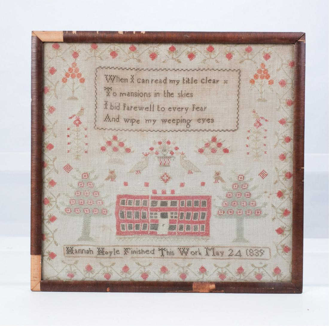 HANNAH HOYLE SAMPLER DATED MAY 24, 1839: "When I can read my title clear- To mansions in the skies- I bid Farewell to every Fear- And wipe my weeping eyes" Embroidered with lolly pop trees, flowers, birds, trees, schoolhouse and border of st