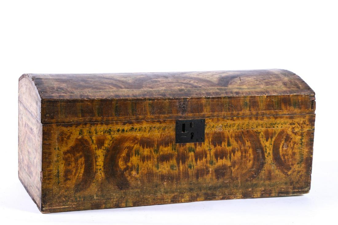 VERMONT PAINTED & VINEGAR DECORATED DOME TOP BOX: Dovetail construction. attributed to Thomas Matteson. 12 x 28 x 12 1/2 inches. Note: A similar example appears in Dean Fales, Jr.'s "American Painted Furniture" p. 221.