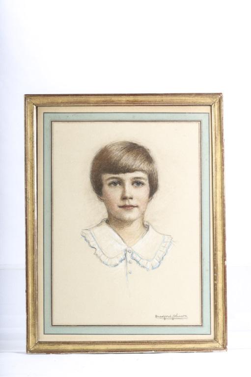 BRADFORD JOHNSON (20th c): "Portrait of a Young Girl" pastel 21 x 15 inches. signed. framed 27 x 21 inches (overall)