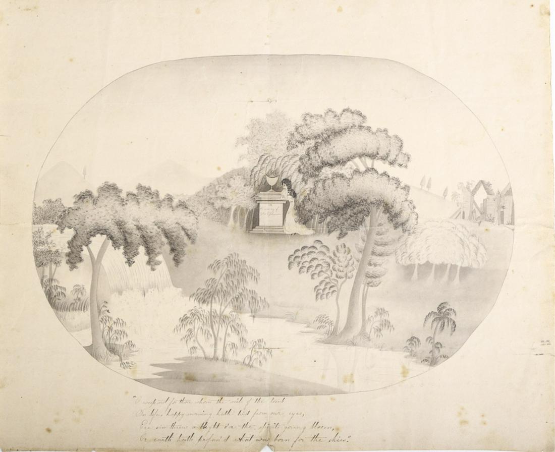 MOMENTO MORI to the MEMORY OF JOHN G. JOHNSON: Ink and ink wash above an appropriate (4) line verse. 11 x 13 inches.
